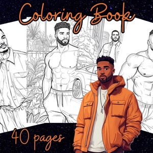 May include: Black and white coloring book with 40 pages featuring illustrations of three men. The cover features a man in a jacket with a hood, standing in front of a car. The text "Coloring Book" is written in large letters across the top of the cover.