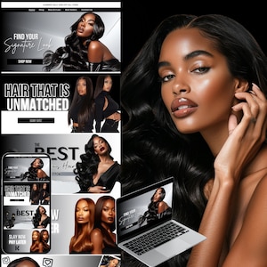 DIY Hair Website Banner Set, Beauty Hair Website Template Design, Hair Shopify Wix Banners,Black and White Branding Store Site, Banner Set