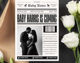 Baby Shower Newspaper Invitation | Vintage Black And White Invite | Baby Announcement | Baby Shower Event | Baby Invitation | Template