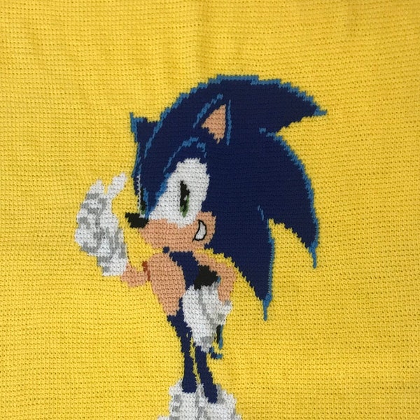 1213 Lila's Favorite Blue Hedgehog Character on a Yellow  Background with Dark Yellow Trim Crochet Afghan for  Children / Teen / Adult.