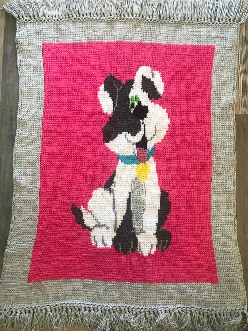Happy Puppy Dog Pink and Gray Crochet Afghan Baby and Children's Blanket 1161