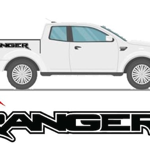 May include: White pickup truck with black "RANGER" text on the side. The truck has black wheels and tinted windows. A large red arrow points to the truck. Below the truck is the word "RANGER" in a stylized font.