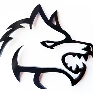 May include: Black and white silhouette of a wolf's head with a sharp, stylized design. The wolf's mouth is open, showing its teeth.