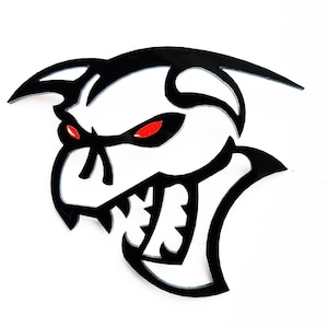 May include: Black and white graphic of a snarling creature with red eyes. The creature has sharp teeth and a menacing expression.