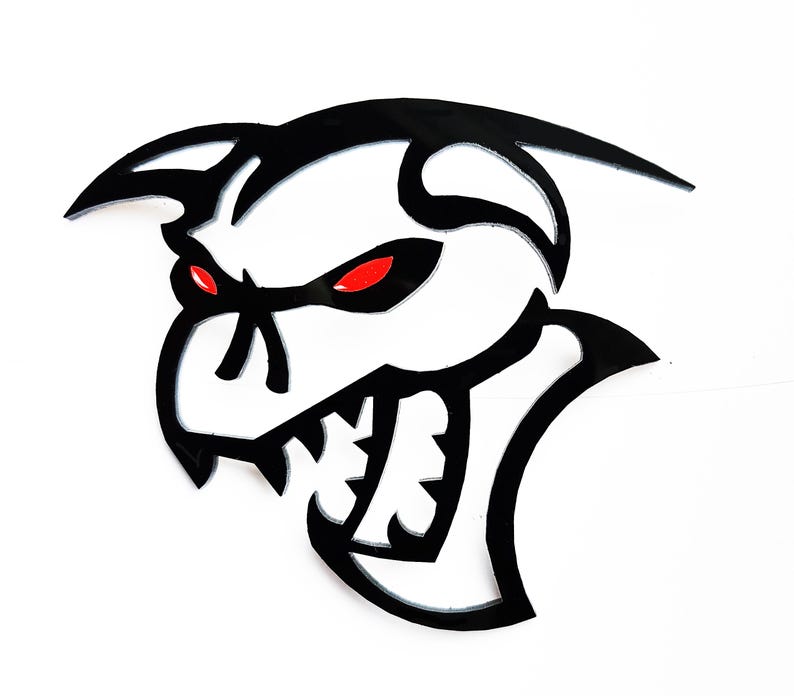 May include: Black and white graphic of a snarling creature with red eyes. The creature has sharp teeth and a menacing expression.