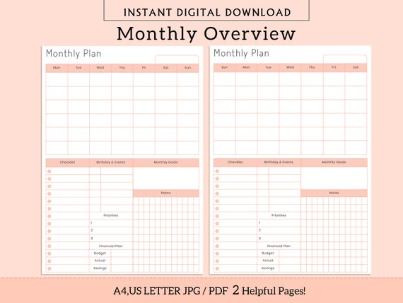 Printable Monthly Overview 30-day Tracker PDF Format - Etsy