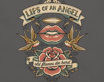 Lips of an Angel Tattoo Flash Shirt, Retro Rose Halo Tee, Y2K Nostalgia T-Shirt
