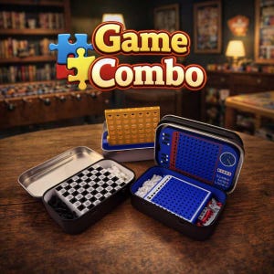 May include: A Game Combo set featuring three metal tins containing miniature board games. One tin holds a black and white checkerboard with pieces, another a yellow grid game, and the third a blue pegboard game with the text SCANO ACQO LOCKO.