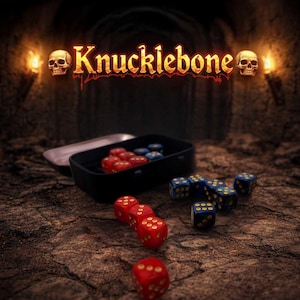 May include: The image features a black box containing red and blue dice, with additional dice scattered on a textured surface. The word "Knucklebones" is displayed in a fiery font, flanked by skull illustrations.