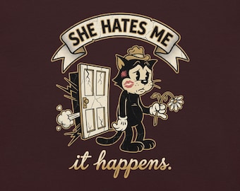 Vintage Cartoon Cat "She Hates Me" T-Shirt, Breakup Humor Tee