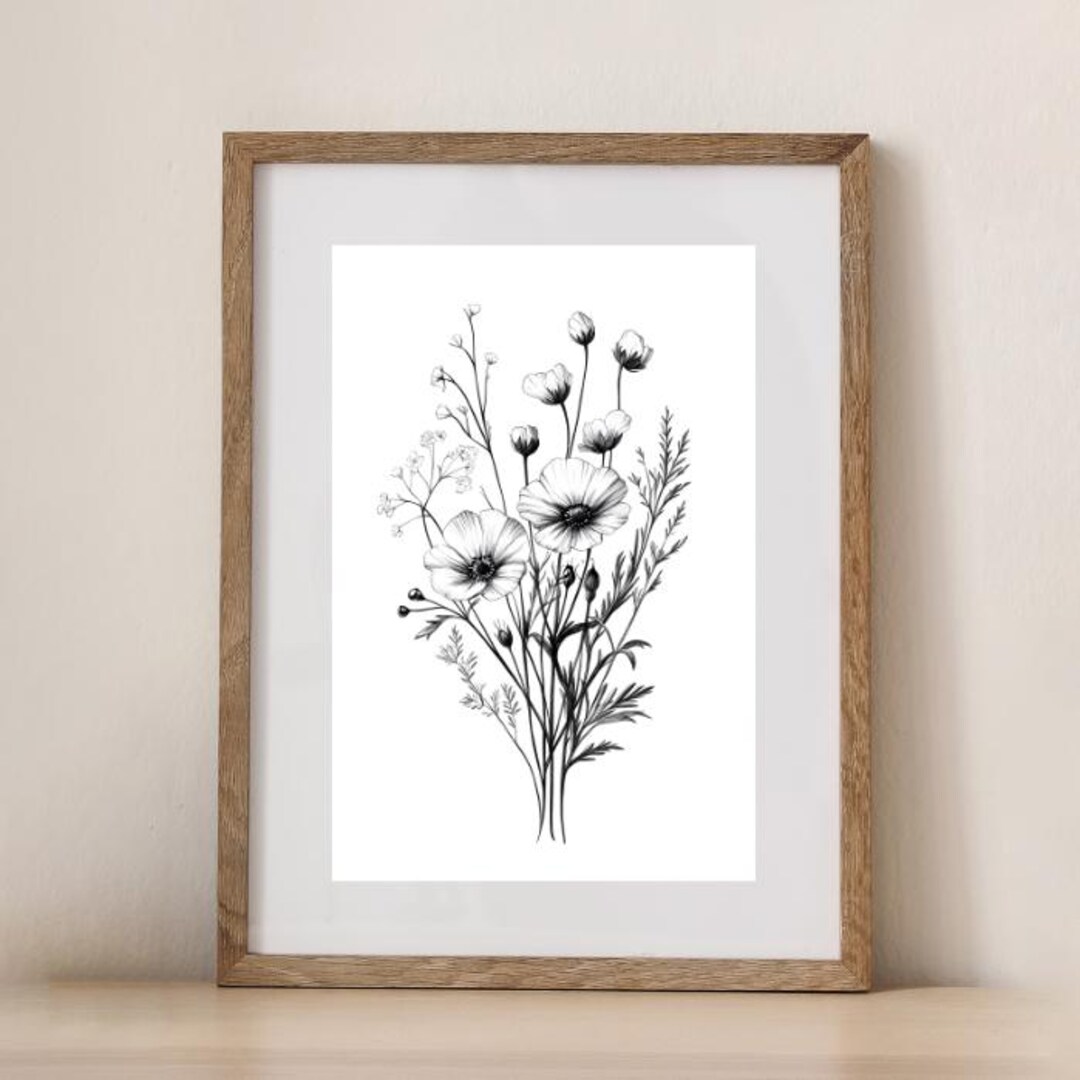 Minimalist Wildflower Line Art Print, Black and White Floral Sketch ...