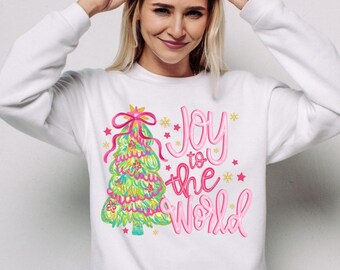 Joy to the World Sweatshirt, Colorful Christmas Tree Pullover, Retro Holiday Sweater, Cute Festive Gift for Her, Bright Xmas Top