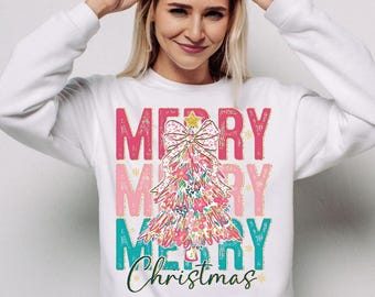 Merry Merry Merry Christmas Sweatshirt, Colorful Tree Holiday Sweater, Retro Xmas Pullover, Cute Festive Gift for Her, Bright Winter Top
