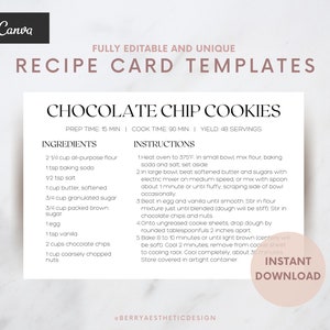 Digital Recipe Card Template | EDITABLE Canva Recipe Cards | 4x6 | 5x7 | Minimal Modern Simple Recipes | Personalize in Canva