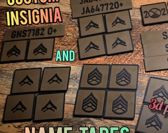 Custom 3d printed military ranks, morale patches, and nametapes with velcro backing.