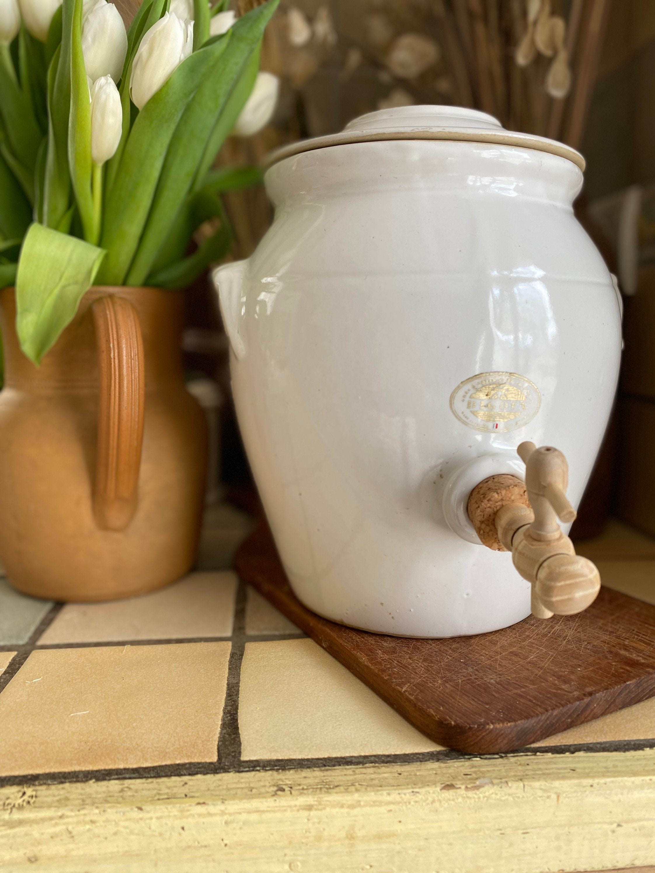 Vinaigrier Digoin en Grès Blanc Vernissé avec Robinet - Excellent État