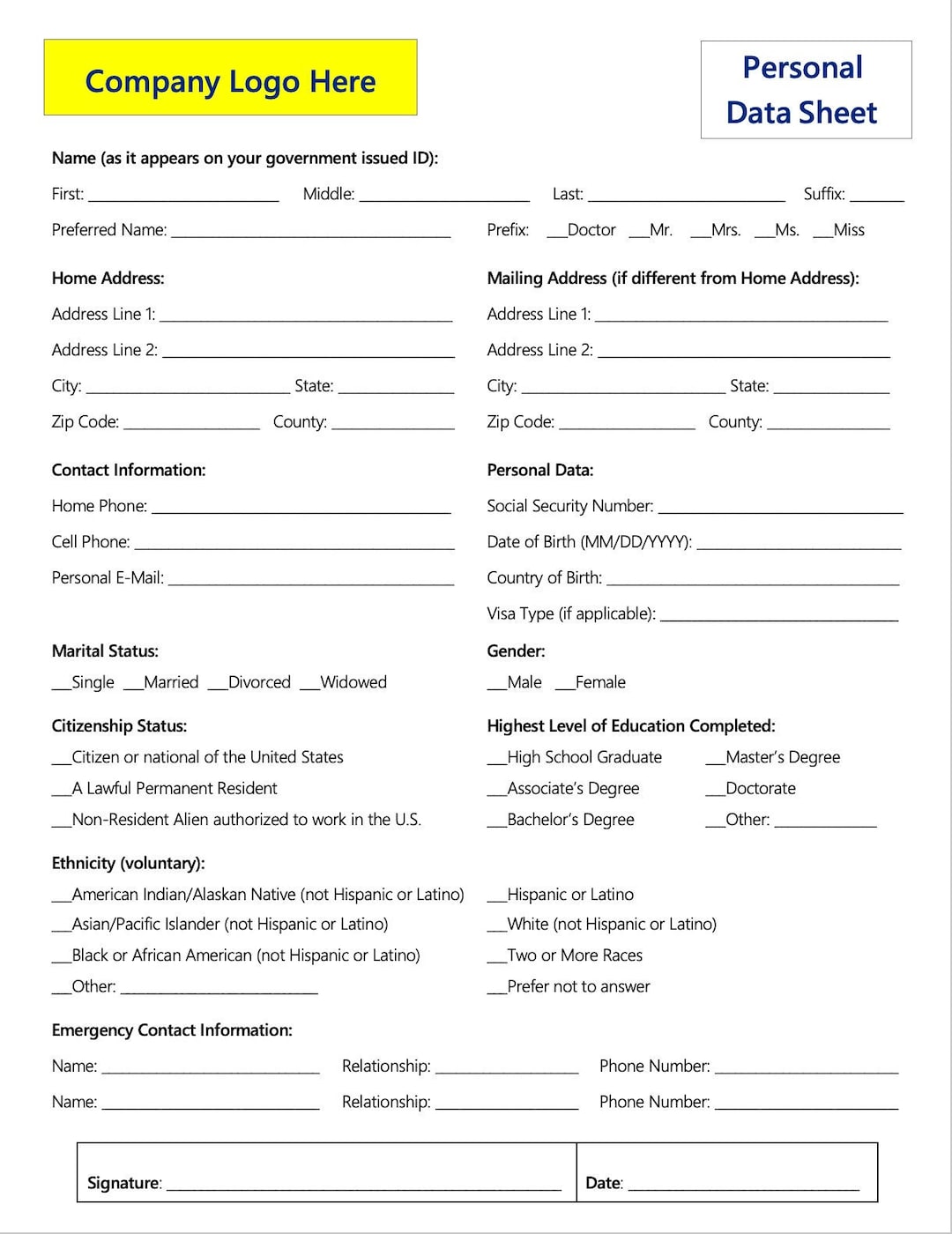 Personal Data Sheet Template for Human Resources - EDITABLE WORD DOC - Etsy