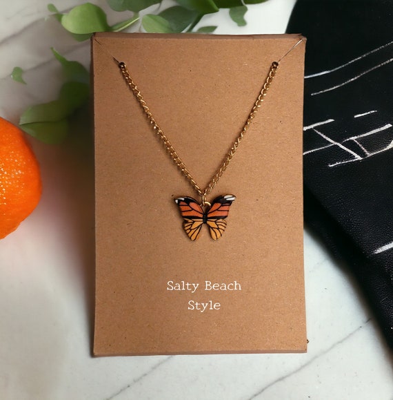Minimalist ORANGE Butterfly Pendant Charm Necklace Wish Card