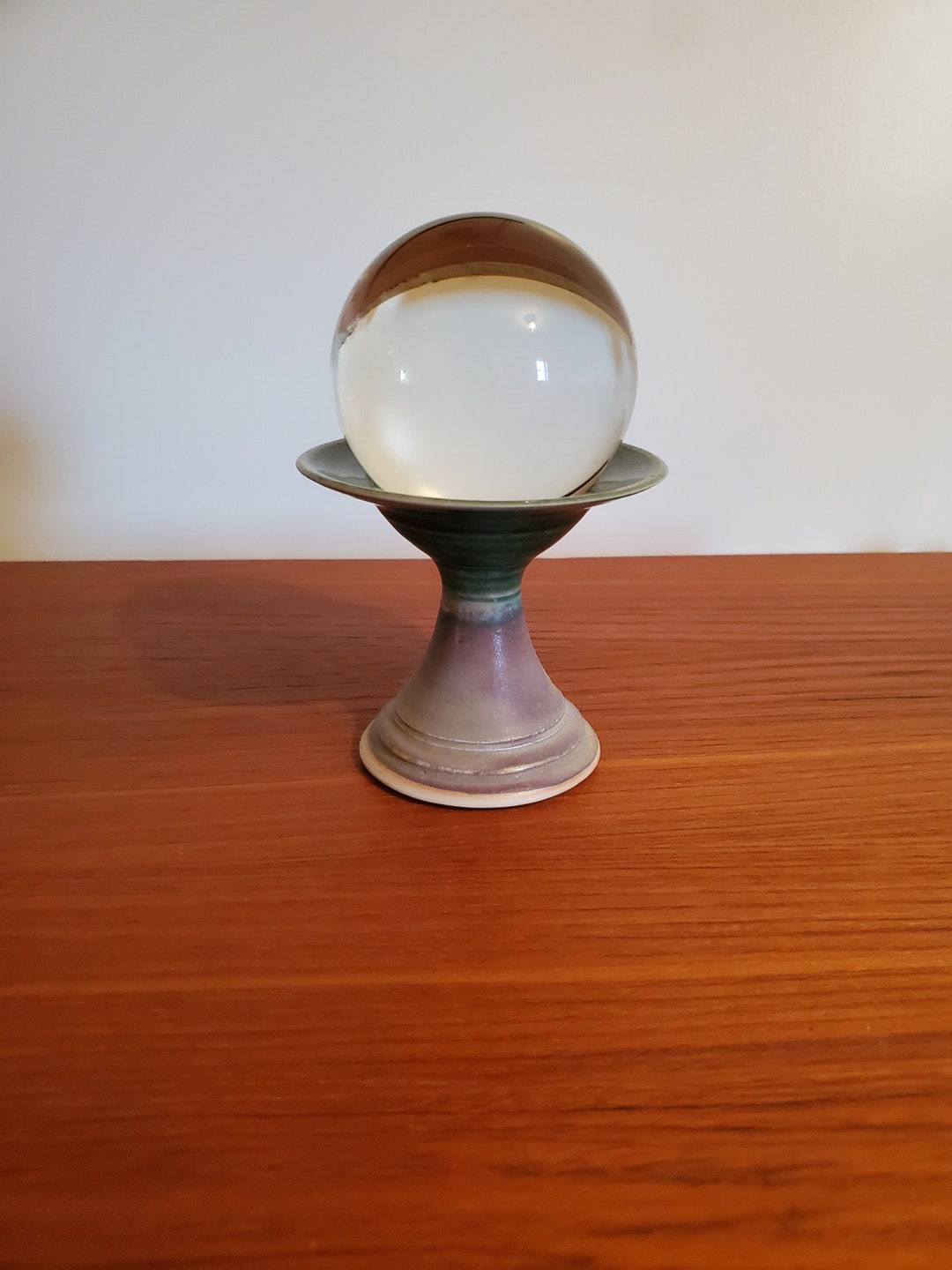 Vintage Crystal Ball Holder/signed Pottery/candle Holder/green Etsy