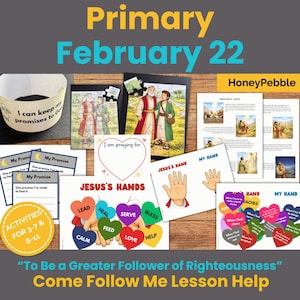 Op de afbeelding: Educatief materiaal voor een les over rechtvaardigheid. Inclusief een papieren knutselwerk, puzzel en diverse werkbladen met de tekst "Primary February 22" en "Jesus's Hands". De materialen zijn ontworpen voor kinderen van 3-11 jaar.