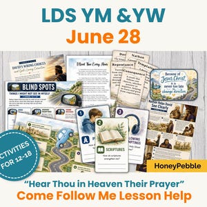 May include: A collection of printed educational materials for LDS YM & YW, including activity sheets, cards, and lesson aids. The items feature text such as 'Blind Spots', 'Because of Jesus Christ', and 'Activities for 12-18' with illustrations of roads, cars, and religious scenes.