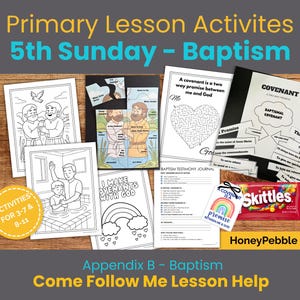May include: A collection of religious educational printables for children, including coloring pages, activity sheets, a baptism testimony journal, a small gift tag with a rainbow, and a red package of Skittles candy, all arranged on a wooden surface.