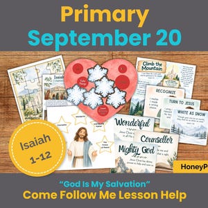 May include: A collection of educational activity cards and a puzzle featuring religious themes, including a red heart with snowflake cutouts, a depiction of Jesus, and text such as Isaiah 1-12, Climb the Mountain, Wonderful, Counsellor, Mighty God, and HoneyPebble.
