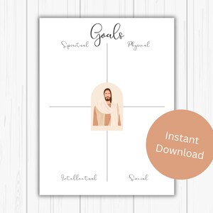 May include: Printable goal setting worksheet with a white background and black text. The worksheet is divided into four quadrants labeled "Spiritual", "Physical", "Intellectual", and "Social". A graphic of a man with a white robe is in the center of the worksheet. The text "Goals" is at the top of the worksheet. The text "Instant Download" is in a circle at the bottom right of the worksheet.