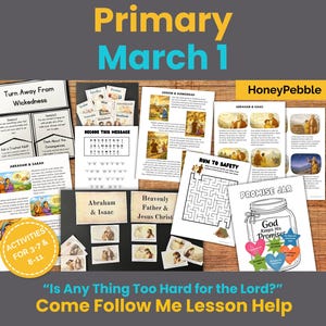May include: Educational materials for a lesson, featuring the text "Primary March 1" and "HoneyPebble." Includes worksheets, a maze, and a jar graphic with the words "God Keeps His Promises." The theme is religious education.