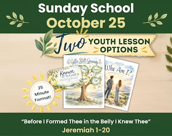 Peut inclure: Matériel de cours pour l'école du dimanche du 25 octobre avec deux options pour les jeunes. Comprend un badge 25 Minute Format, une illustration d'arbre Known by God et une affiche Who Am I ?. Texte : Before I Formed Thee in the Belly I Knew Thee Jeremiah 1-20.