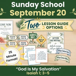 May include: A Sunday School lesson guide set for September 20 titled God Is My Salvation Isaiah 1; 3-5. Includes cards with text like Come Now, After The Mistake, God's Way, Watch Out, and a 25 Minute Format sun graphic with various scripture references.