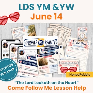 May include: A collection of printed activity cards and digital mockups for a lesson titled LDS YM & YW June 14. The set includes cards labeled Profile vs. Reality, Heart Lens Challenge, and I See You, featuring red heart-shaped glasses and text.