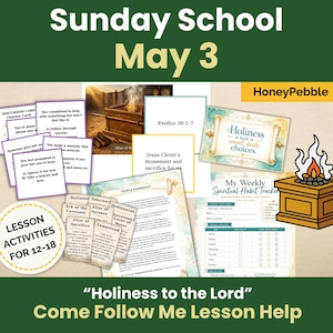 Puede incluir: Una colección de materiales para lecciones de la Escuela Dominical, que incluyen tarjetas de discusión, referencias bíblicas y un rastreador de hábitos semanales. La imagen presenta el texto "Sunday School May 3" y "Holiness to the Lord."