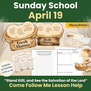 Può includere: Una raccolta di materiali per le lezioni della Scuola Domenicale con il testo "Sunday School April 19". L'immagine include vari materiali stampati, tra cui cartelli "Fresh Manna" e "Stale Manna", fogli di attività e una pagnotta di pane. Il tema è l'educazione religiosa.