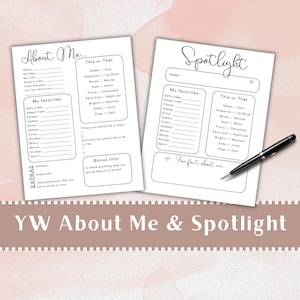 May include: Two printable "About Me" and "Spotlight" worksheets with black text on a white background. The worksheets include prompts for personal information, favorite things, and fun facts.