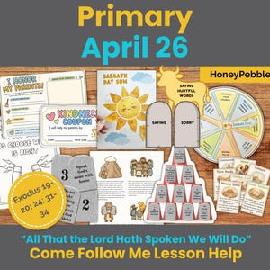 Può includere: Una collezione di sussidi didattici colorati per la scuola domenicale, tra cui un'illustrazione del sole, una ruota e schede con testo. Il testo include "Primary April 26" e "All That the Lord Hath Spoken We Will Do".