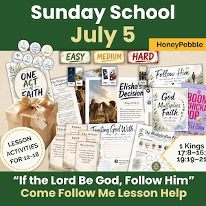Puede incluir: Un kit de lección de escuela dominical para el 5 de julio titulado "If the Lord Be God, Follow Him" con hojas de actividades "One Act of Faith" y "God Multiplies Faith", texto "Elisha's Decision", una caja de regalo, bloques de madera "TRUST" y bolsas de snacks.