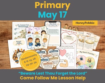 May include: A collection of colorful educational materials for a lesson, including cards with illustrations and text, a smartphone graphic, and a circular graphic with text. The theme is religious education, with the text "Beware Lest Thou Forget the Lord".