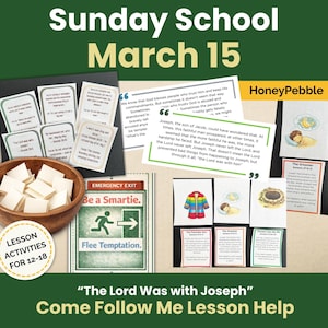 May include: A Sunday School lesson plan with the text "Sunday School March 15". The image includes lesson activities, Bible verses, and illustrations. A wooden bowl holds small white cards. The theme is "The Lord Was with Joseph".