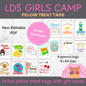 May include: A set of 14 printable pillow treat tags for girls camp. The tags feature fun and colorful designs with phrases like "You're the Zest!" and "Camp Hair, Don't Care". There are also 6 tags with LDS themes, such as "Look Unto Christ" and "Daughter of God".