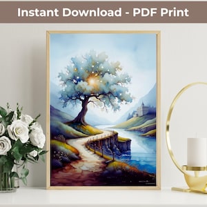 Peut inclure: Une impression encadrée à l'aquarelle représentant un paysage avec un arbre, un chemin et une rivière. L'œuvre utilise une palette de couleurs bleu clair et vert. Le texte "Instant Download - PDF Print" est en haut du cadre.