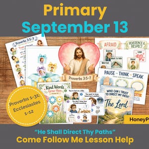 May include: A collection of printed educational lesson materials featuring illustrations of Jesus, flowers, and children. The pages include text such as Proverbs 3:5-7, Kind Words Grow Here, Pause-Think-Speak, and Who Can I Trust To Direct My Path? The Lord.