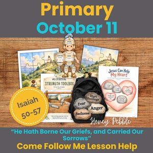 May include: A collection of religious educational materials including a cartoon soldier figure, two landscape puzzles, a My Spiritual Strength Toolbox activity sheet, a black backpack with stone-shaped labels, and a heart-shaped Jesus Can Help My Heart chart.
