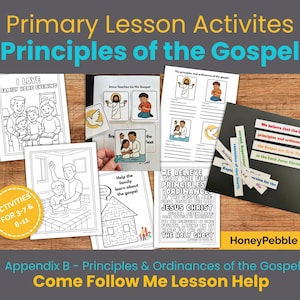 Könnte beinhalten: Eine Sammlung von Schwarz-Weiß-Illustrationen und Arbeitsblättern zum Unterrichten von Evangeliums-Prinzipien. Das Bild enthält den Text "Primary Lesson Activities Principles of the Gospel" und "Appendix B - Principles & Ordinances of the Gospel Come Follow Me Lesson Help."