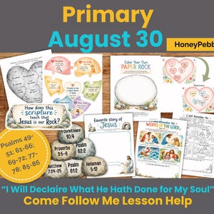May include: A collection of religious educational activity sheets and printables featuring illustrations of hearts, rocks, and biblical scenes. The pages include text such as Color Your Own Paper Rock, How does this scripture teach that Jesus is our Rock?, and I Will Remember the Works of the Lord, alongside various scripture references.