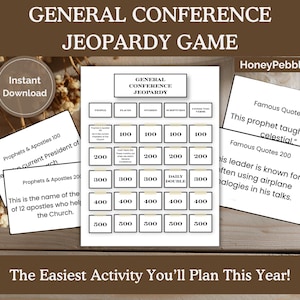 Op de afbeelding: Een afdrukbaar General Conference Jeopardy-spel met categorieën en puntwaarden. Bevat antwoordkaarten met citaten en vragen. De tekst "The Easiest Activity You'll Plan This Year!" staat onderaan. Het spel is een direct download.