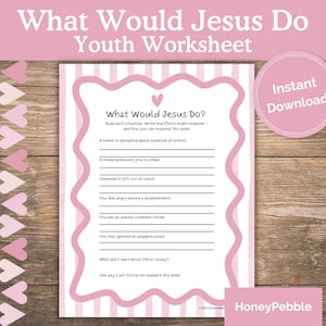 Pode incluir: Uma folha de trabalho rosa e branca intitulada "What Would Jesus Do? Youth Worksheet" com instruções para preencher. A folha de trabalho inclui uma borda rosa em forma de coração e as palavras "Download instantâneo" em um círculo rosa.