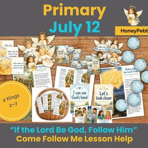 Può includere: Un kit educativo religioso con carte stampate, ritagli di angeli in carta e un cesto intrecciato. I materiali includono testi come Primary July 12, 2 Kings 2-7, HoneyPebble, I can see God's hand, Let's look closer e If the Lord Be God, Follow Him.