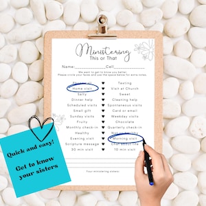 May include: A checklist with the title "Ministering This or That" with options for connecting with others, including home visits, texting, and morning visits. The checklist is on a clipboard with a blue sticky note that says "Quick and easy! Get to know your sisters".