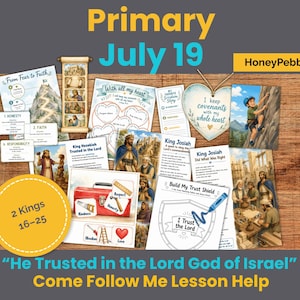 以下が含まれることがあります： Primary July 19と題された教育用アクティビティシートのコレクション。聖書の場面のイラスト、I keep covenants with my whole heartというテキストが書かれたハート型の看板、ラベル付きの赤い工具箱のグラフィックが含まれています。
